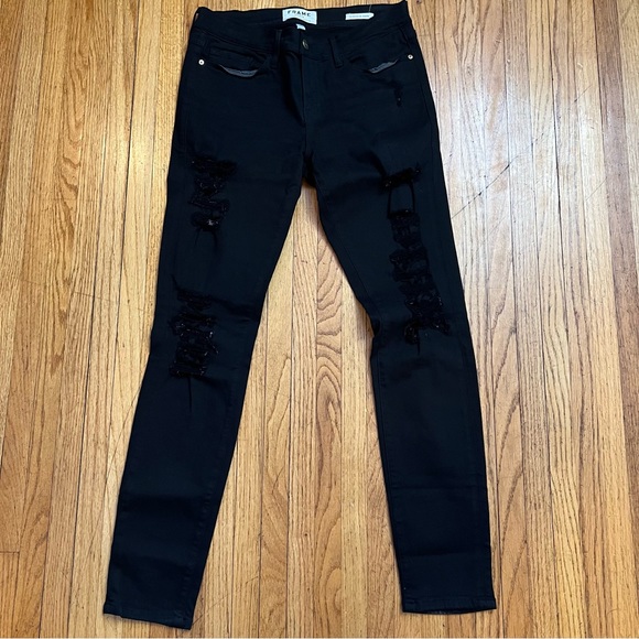 Frame Sz 28 Denim Le Skinny De Jeanne Skinny Jeans Black Distressed Meas 30x29 - Picture 1 of 10